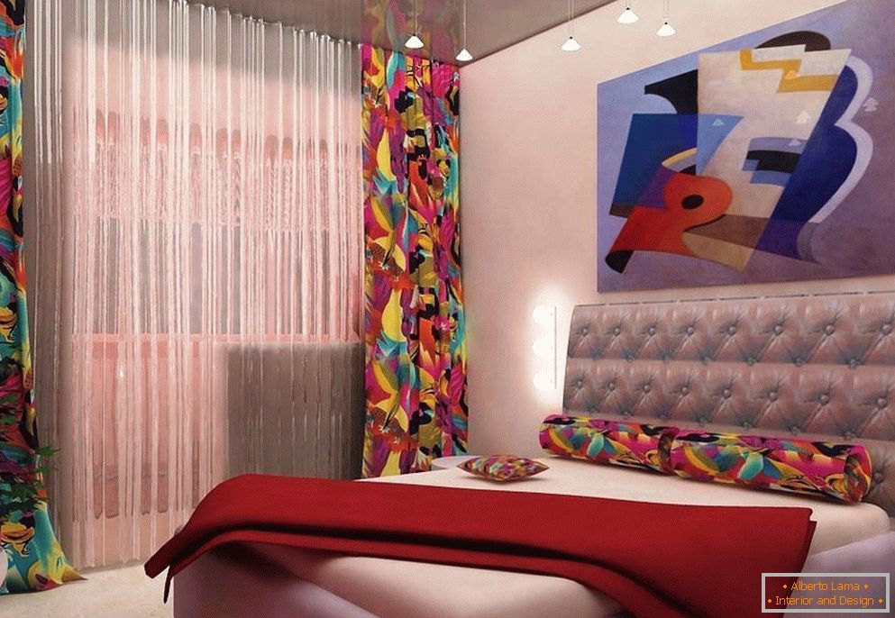 The combination of textiles and paintings in the bedroom