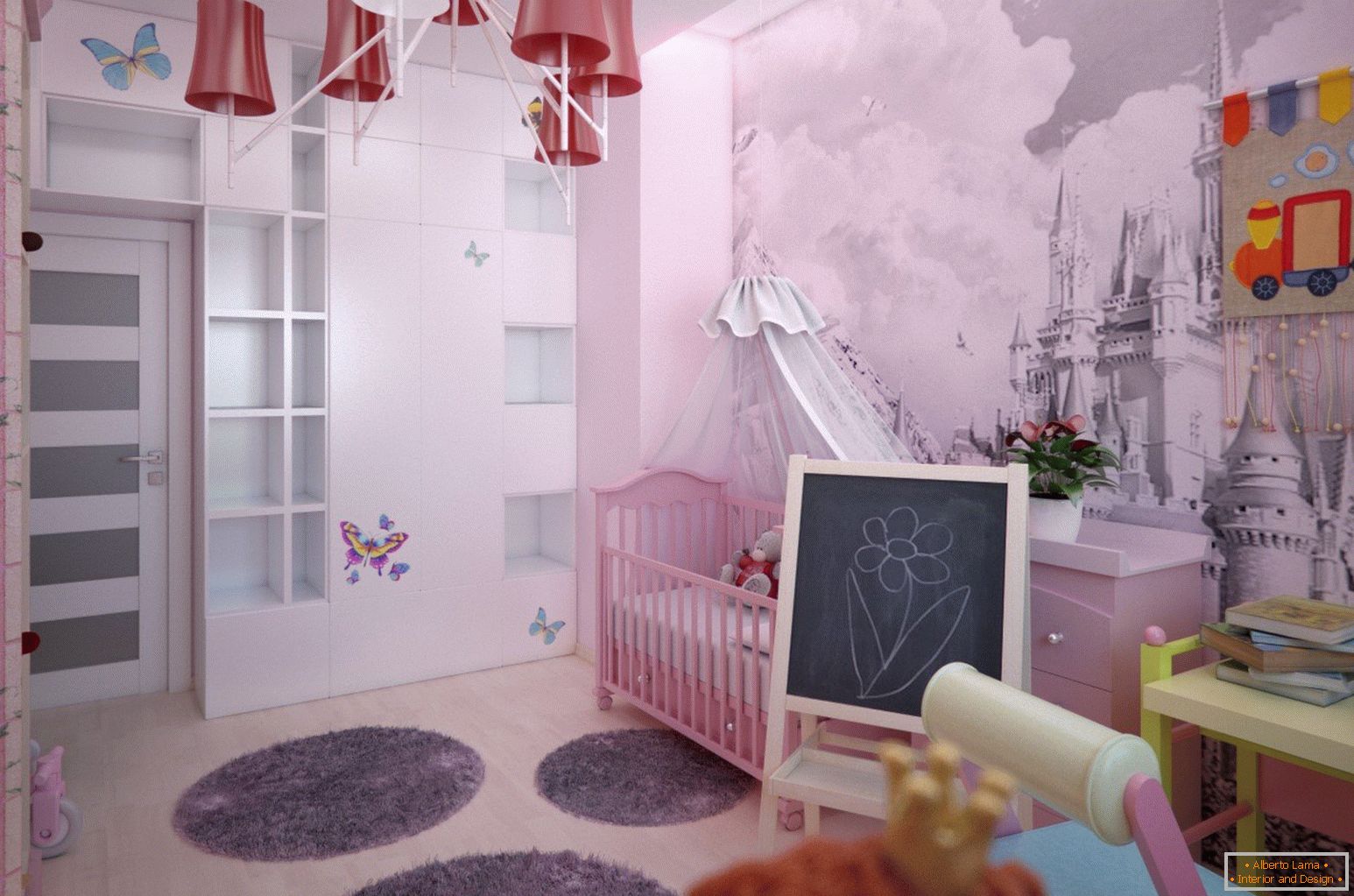 Interior design of the children's room of the girl with a lock