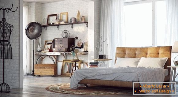 Vintage bedroom with leather bed