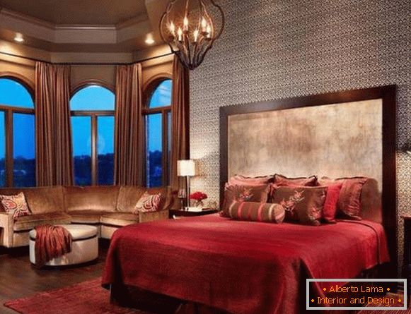 Bright bedroom in burgundy colors
