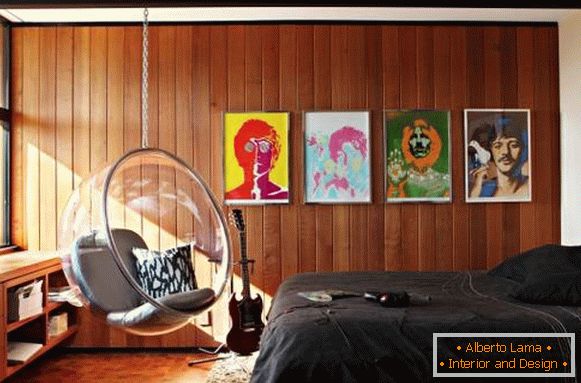 The bedroom of a teenager in the style of the 60's