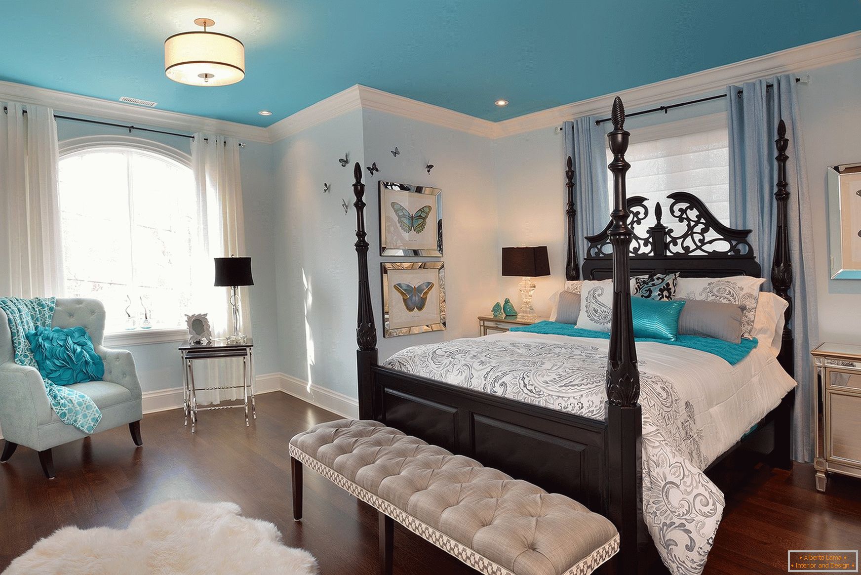 Black grey turquoise bedroom