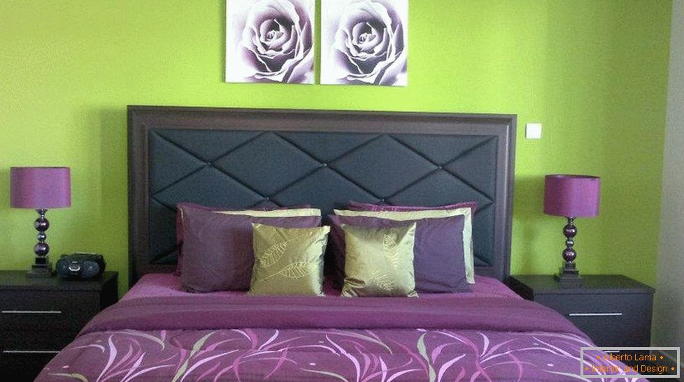Light green walls and purple textiles in the bedroom