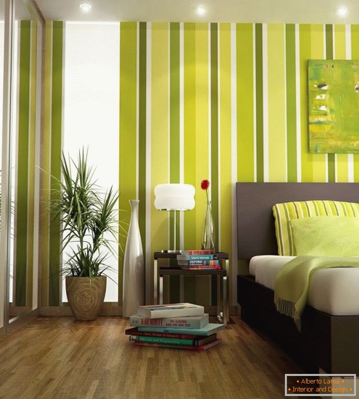 Interior of a small bedroom in green colors