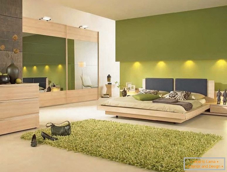 Bedroom interior in green colors с подсветкой 