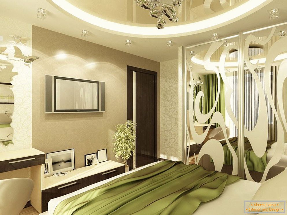 Interior of the bedroom in green and light beige tones