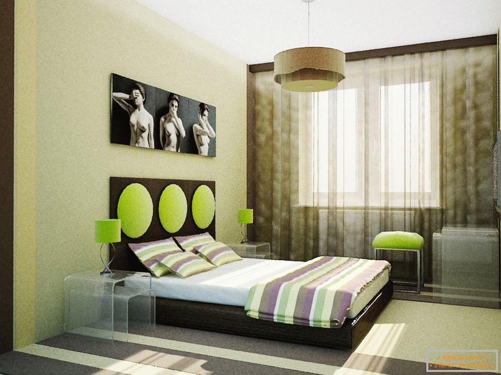 Unusual bedroom design in beige green colors
