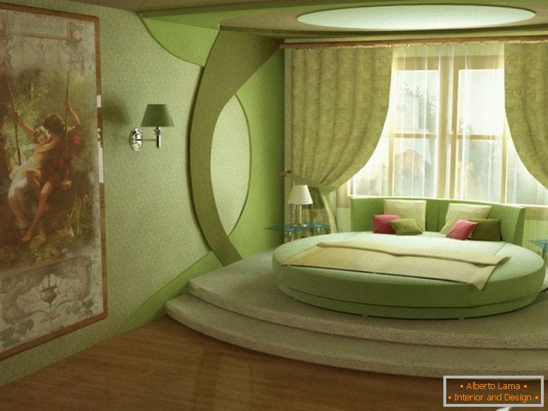 Green bedroom with round bed
