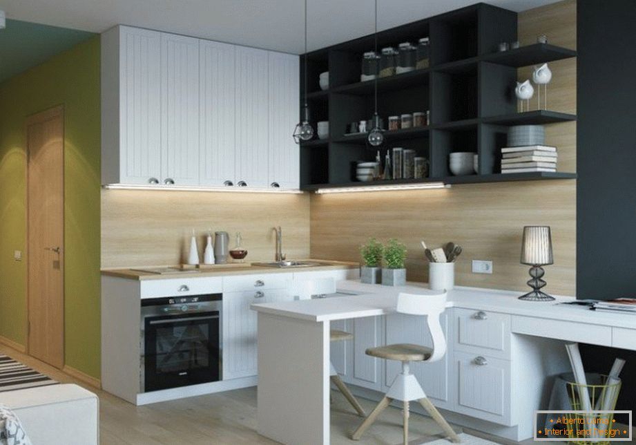 Kitchen area in studio apartment 22 sq m