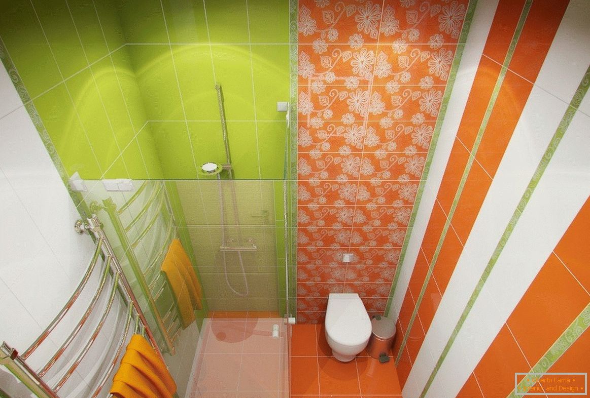 Orange and green tiles in the shower