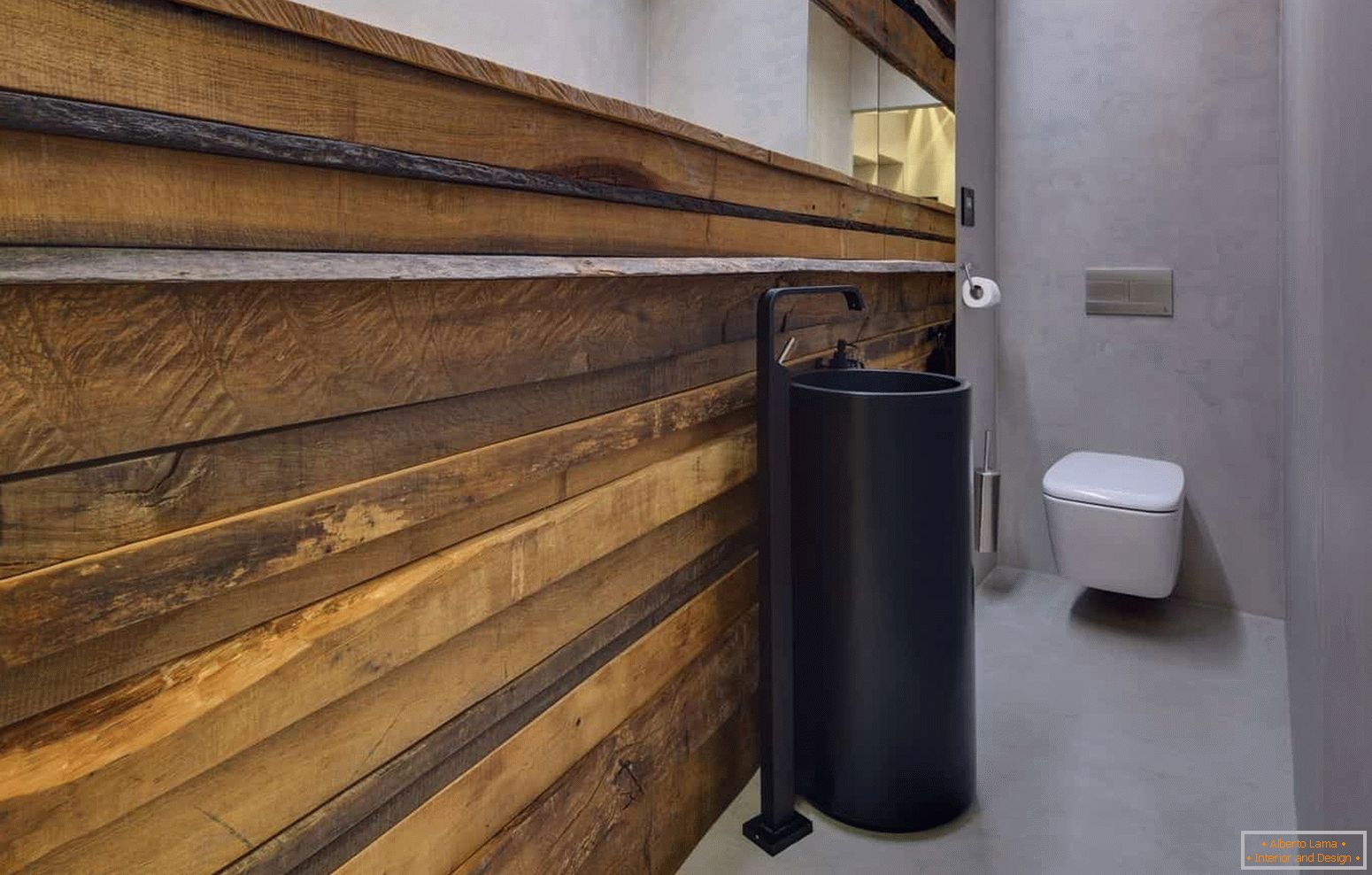 Modern design of a small toilet in eco-style with an unusual shell