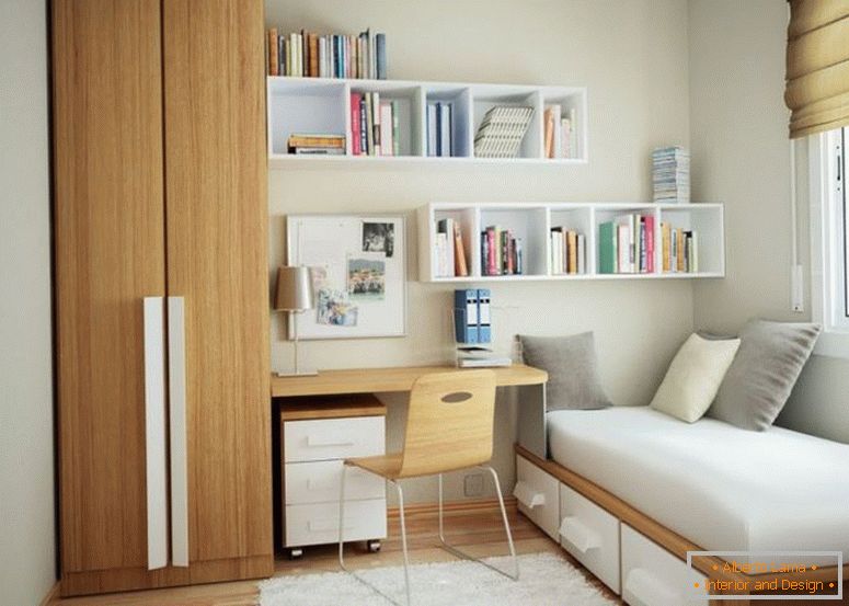 minimalist-tiny-apartment-design-with-brown-wooden-cupboard-near-desk-and-white-wooden-floating-bookshelf-attached-to-the-white-wall-also-brown-wooden-single-bed-frame-fitted-white-wooden-3-sliding-dr