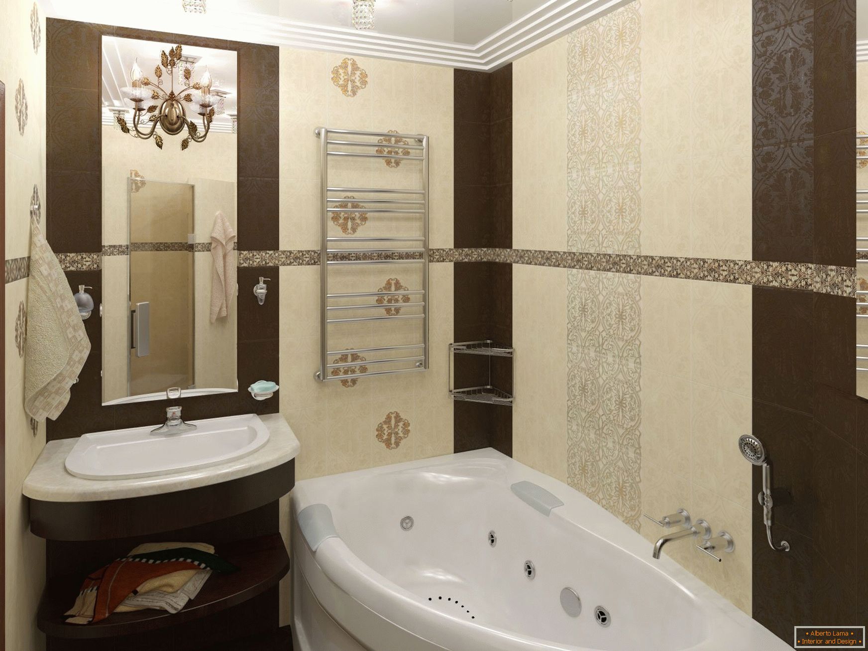 Design of a narrow bathroom in beige chocolate colors