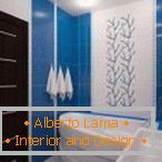 The combination of white and blue in the design of the bathroom