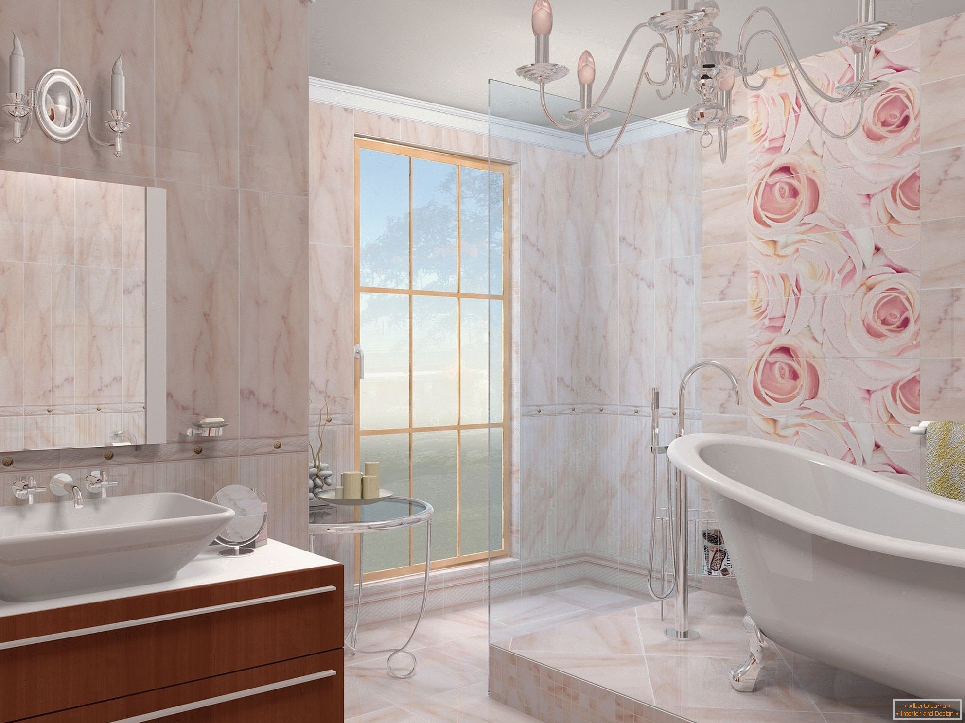 The combination of beige and pink in the design of the bathroom