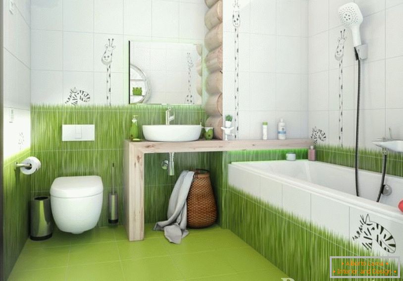 Giraffes and grass on the walls of the bathroom