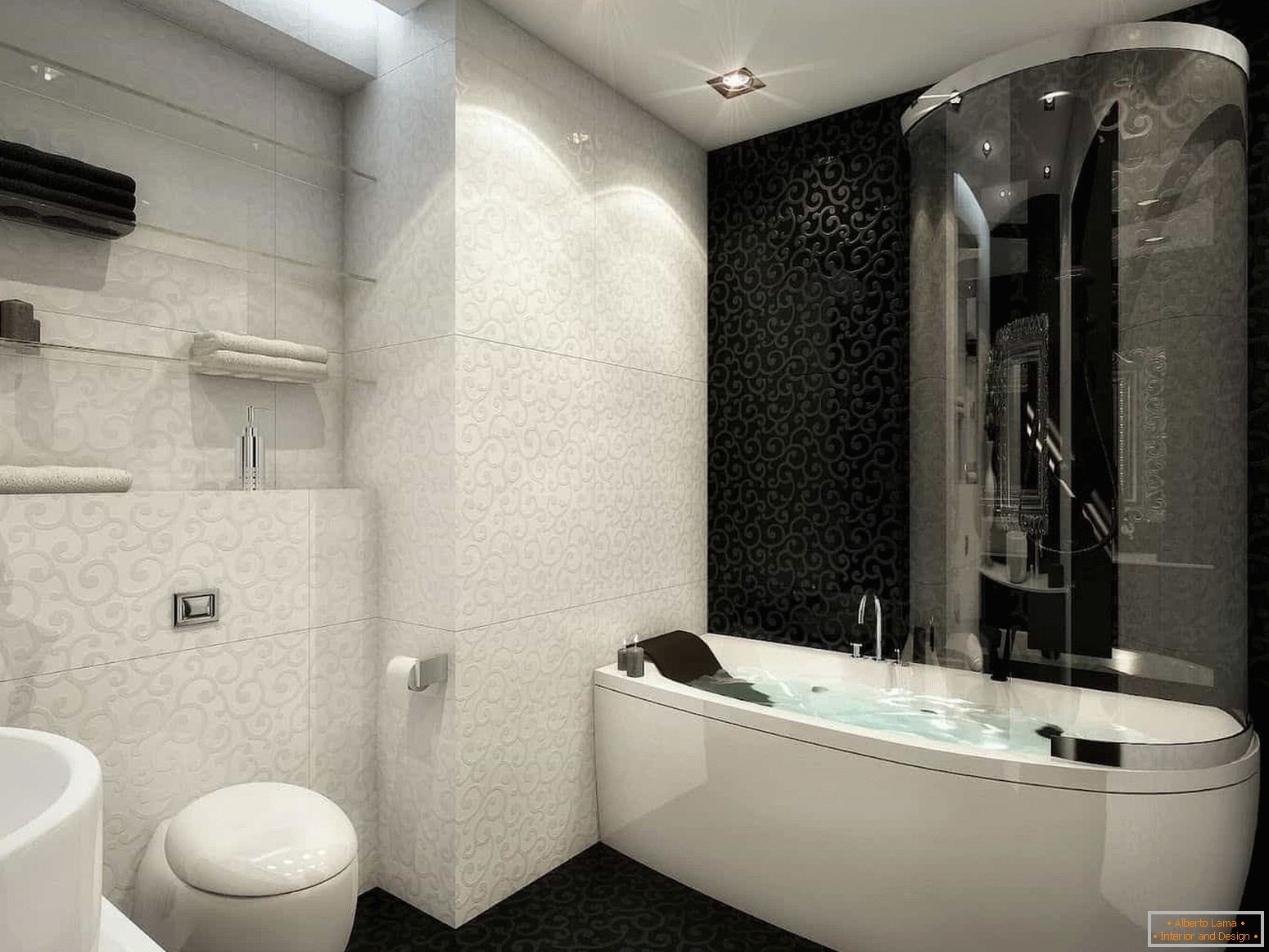 The combination of white and black tiles in the bathroom
