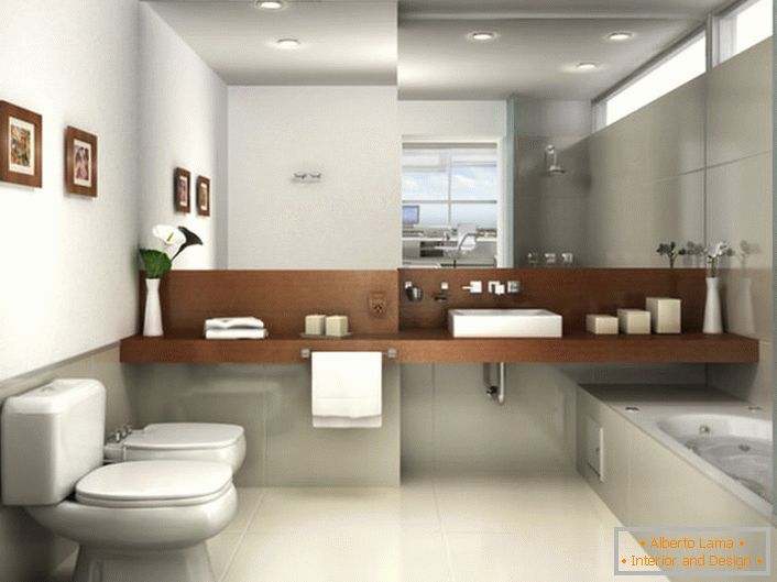 Bathroom in the style of minimalism is decorated in light gray shades. The view is attracted by a large mirror, which occupies the entire wall above the washbasin.