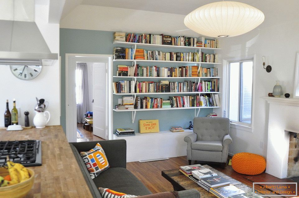 Open shelves for books in the living room