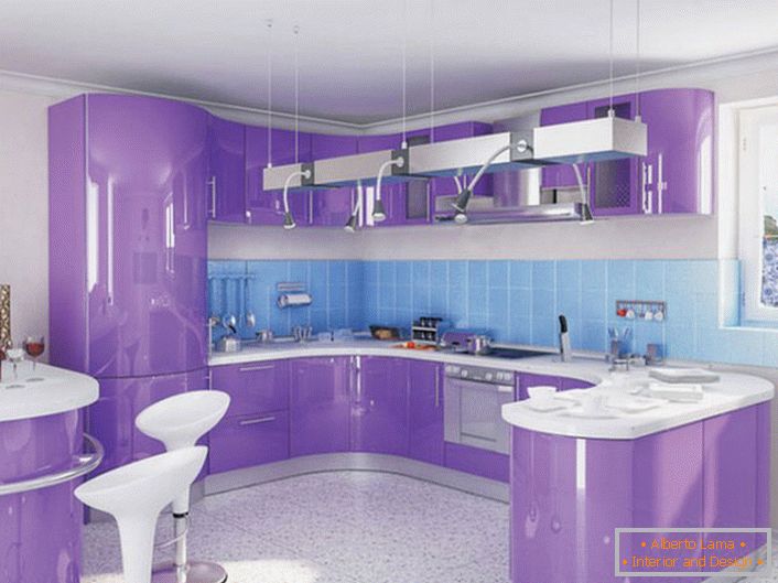 Chic kitchen in light purple in the city apartment.