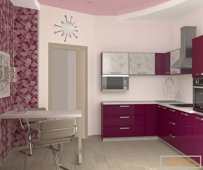Delicate shades of purple exquisite look in the kitchen, the area of ​​which is 12 square meters. A classic and fairly comfortable design project for an ordinary city apartment.