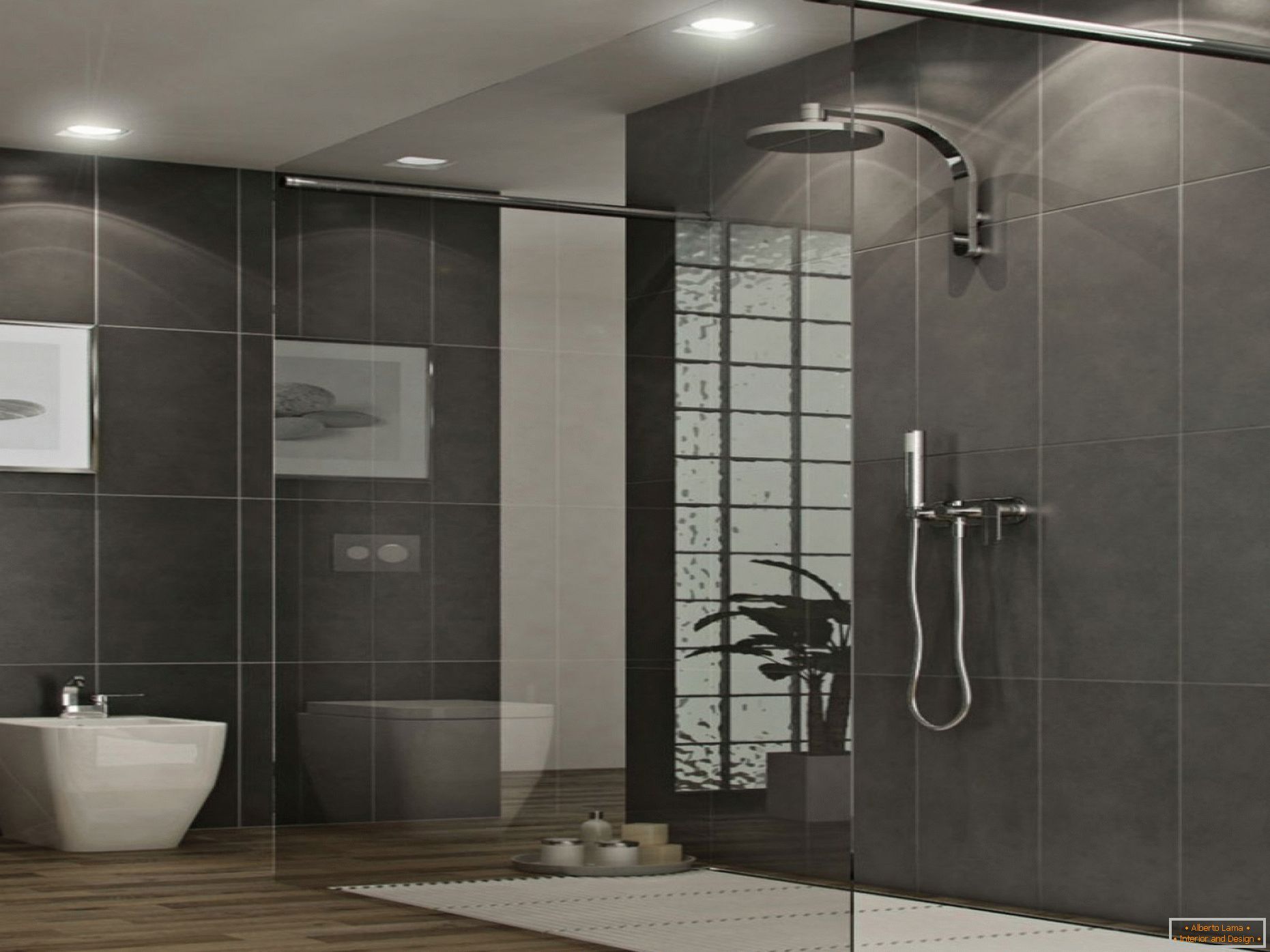 Large bathroom with black walls and beige floor