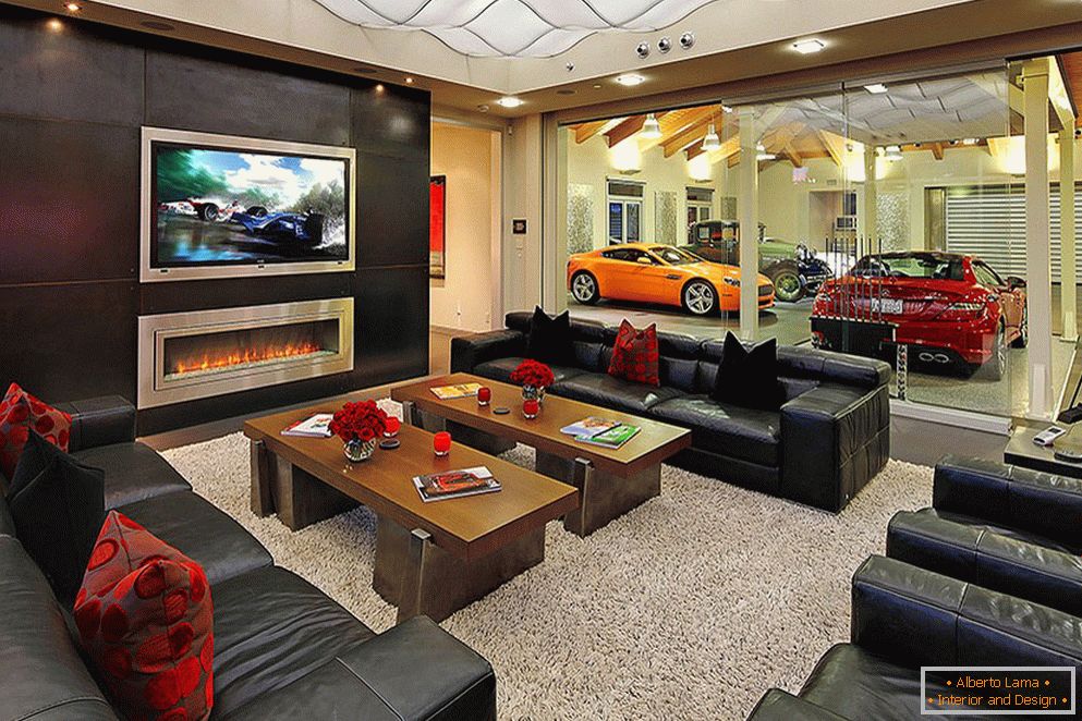 Living room in dark colors with bright red accents