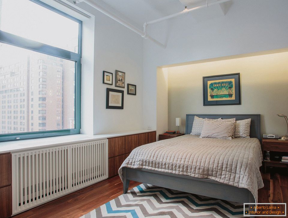 Bedroom of a stylish duplex in Manhattan