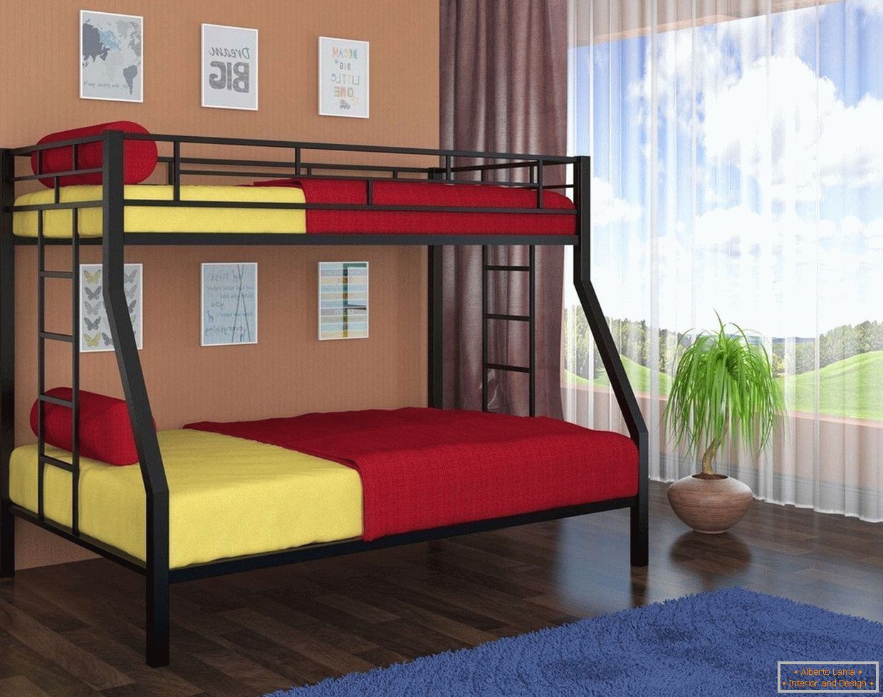 Yellow and red bed linen in a bunk bed