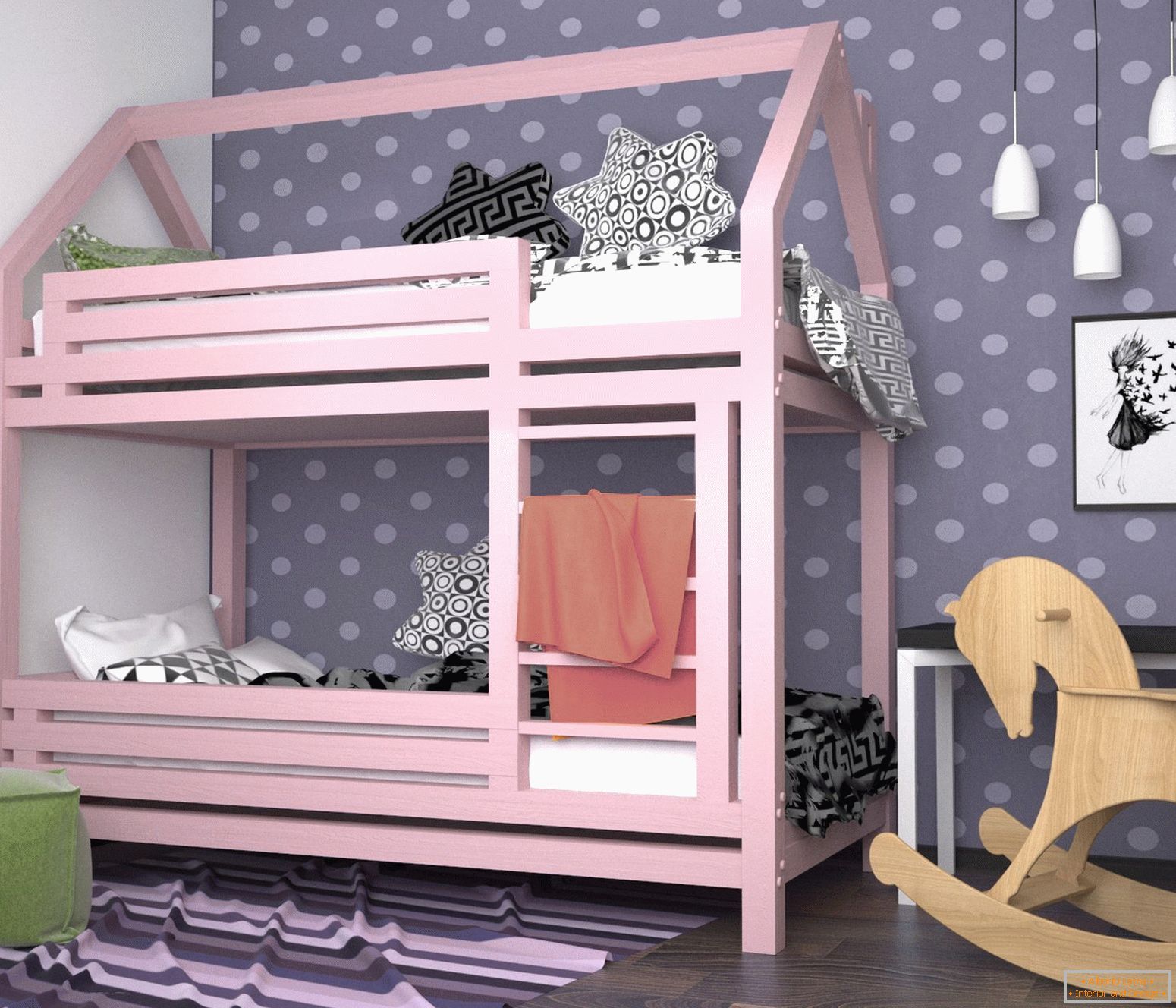 Pink bunk bed in a nursery for a girl