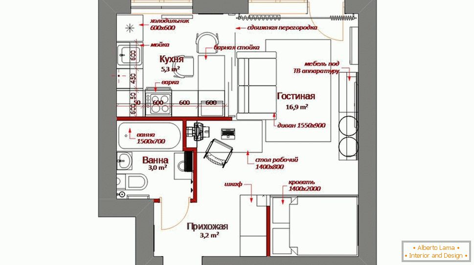 The layout of a small apartment with furniture