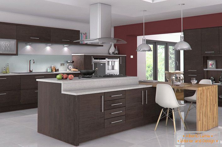 Burgundy finish is organically combined with the color of wenge, in which the kitchen set is decorated. Functional solution - a high table in the center of the kitchen.