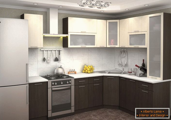 L-shaped kitchen with many hanging closets is an ideal solution for any practical hostess.