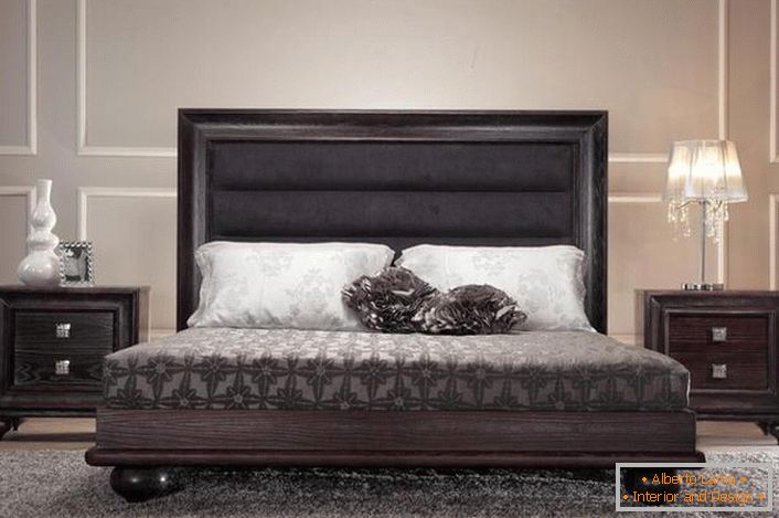 A wenge bed with a high soft headboard is an unusual, creative solution for an ordinary city apartment.