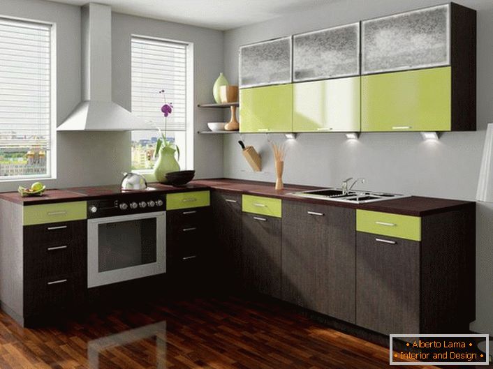 The color of the wenge is successfully combined with a pale green color. This color harmony is successfully suited for decorating the kitchen.