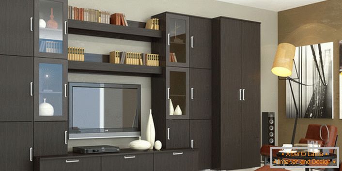 The functional wall of the wenge for the living room with many sections and drawers makes the environment not cluttered and spacious. 