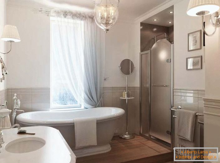 A large ceramic white bathroom becomes a highlight of the interior of the room. The window is covered with a translucent falling curtain made of natural fabric, which fully corresponds to the style of Art Nouveau.