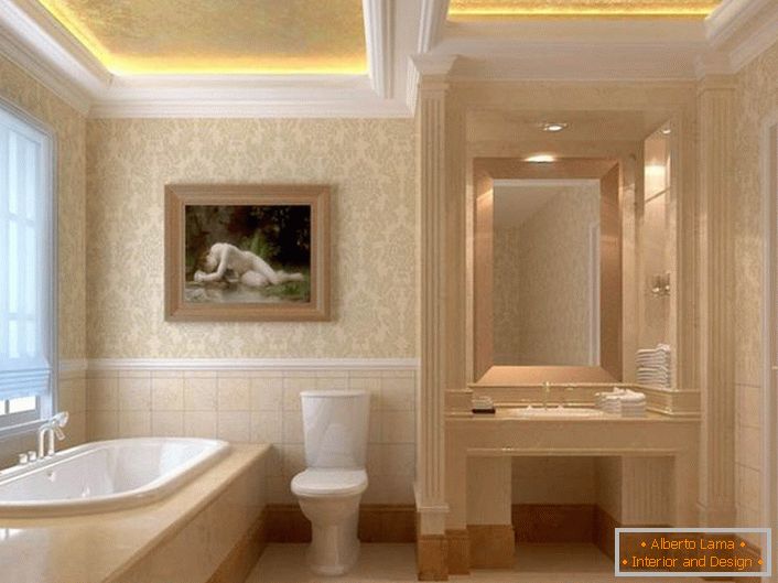 Stucco molding is a harmonious element of the interior in the Art Nouveau style. The two-level ceilings are equipped with the correct lighting. LED strip, issuing warm, yellow light, makes the atmosphere in the bathroom romantic.