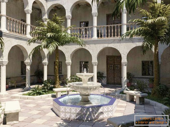 The best decoration for a courtyard in the Mediterranean style is a fountain. Stylish, multi-tiered fountain of small dimensions in the recreation area.