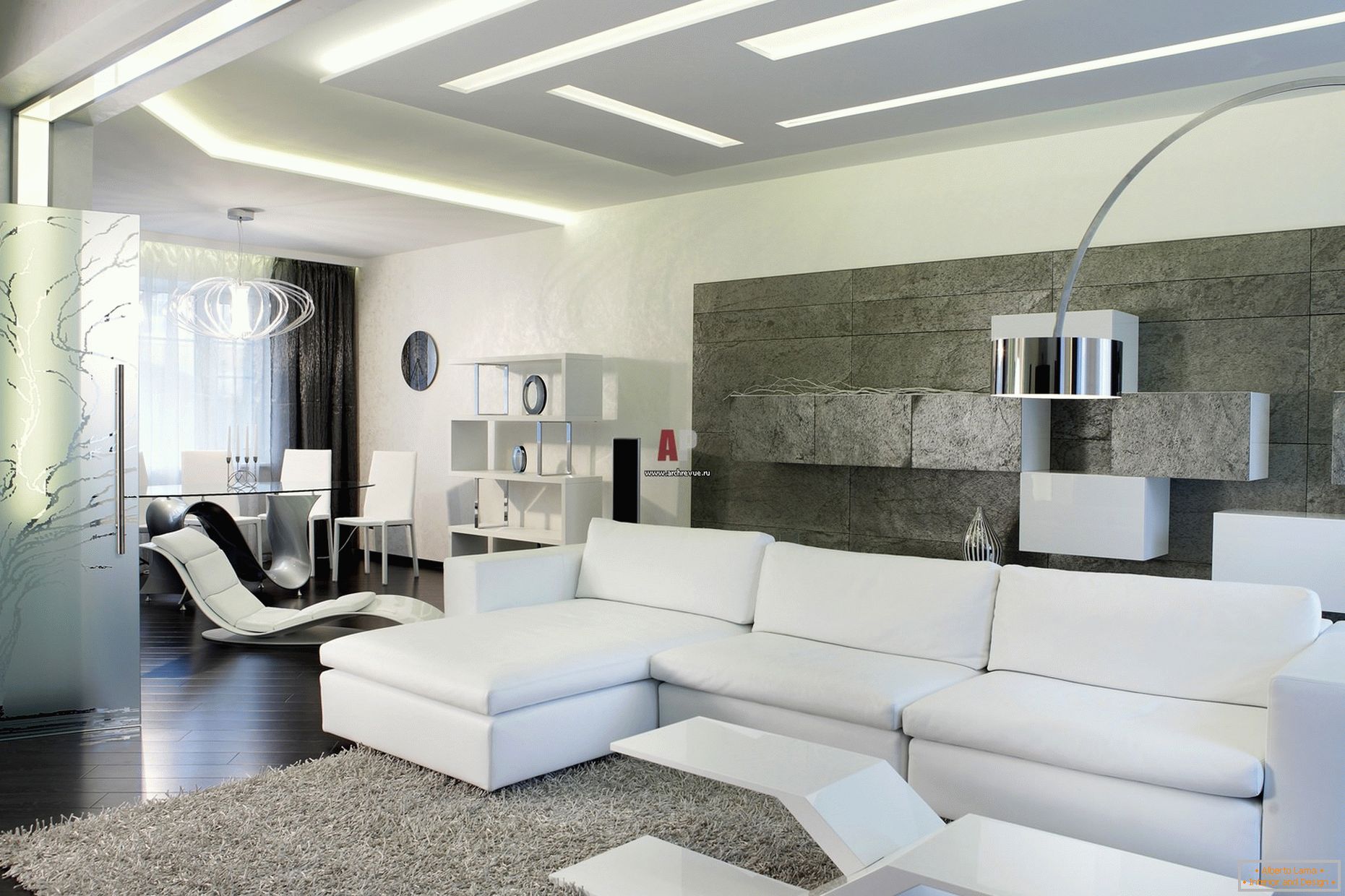 White interior of the guests of the room in a minimalist style is noteworthy for a modern, bold design with hints of high-tech.