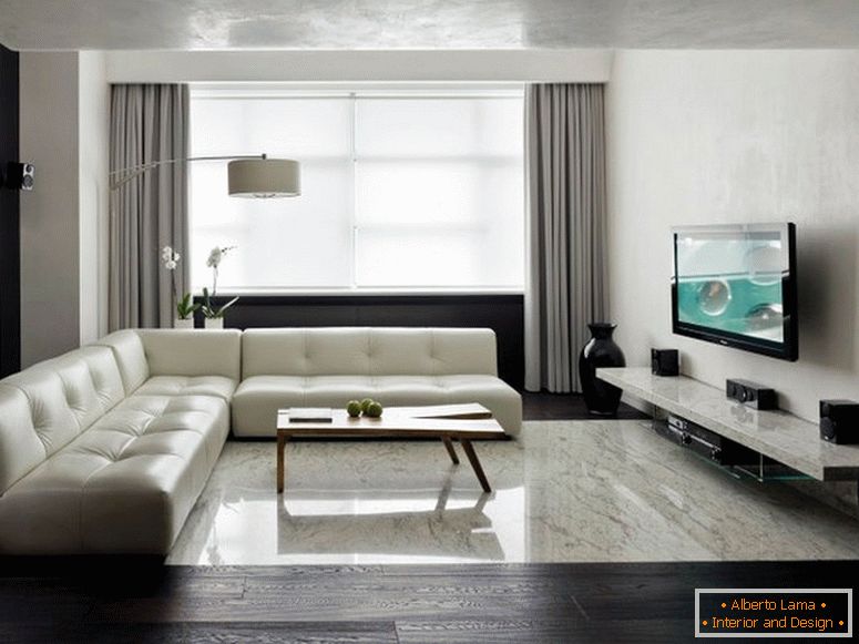 One of the most used colors for interior decoration in minimalism styles is gray. A wide range of shades of gray allows the designer to arrange light accents, making the room more spacious. 