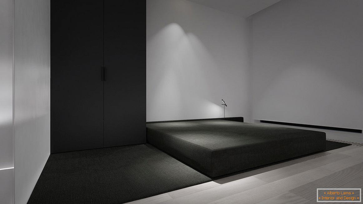 A bedroom in the style of minimalism is the brightest example of a design feature. The main feature is a minimum of furniture.