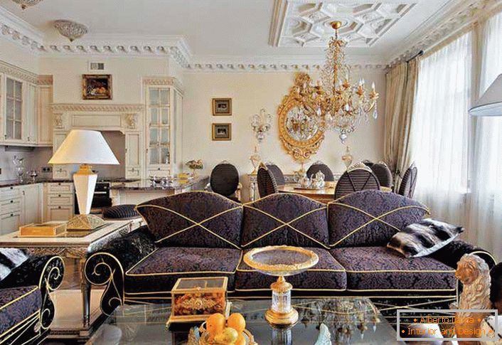 Pompous living room in the style of eclecticism with the predominant elements of the Baroque style. 
