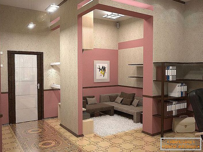 Variations of the interior design in the eclectic style for a stylish girl. Pink muted tones favorably combined with beige. 