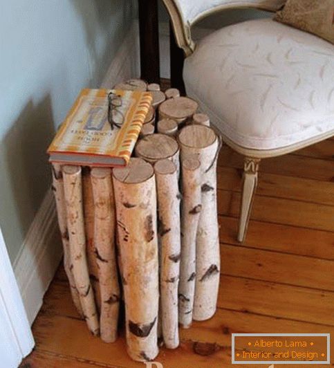 Bedside table of birch logs