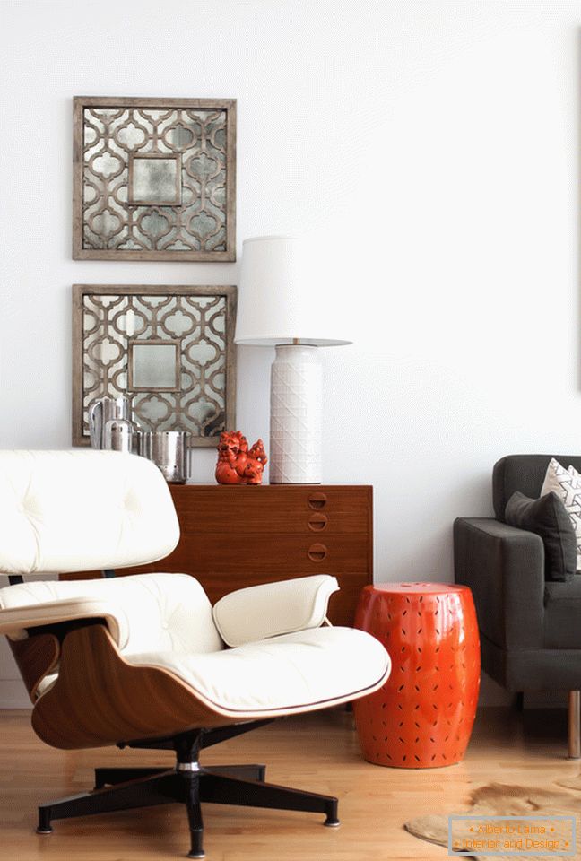 Soft armchair in the interior of a small apartment in San Francisco