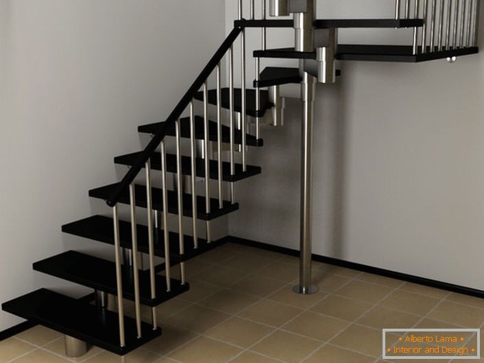 A classic combination of materials-supporting structures made of stainless steel and wooden steps in the color of a noble African wenge.