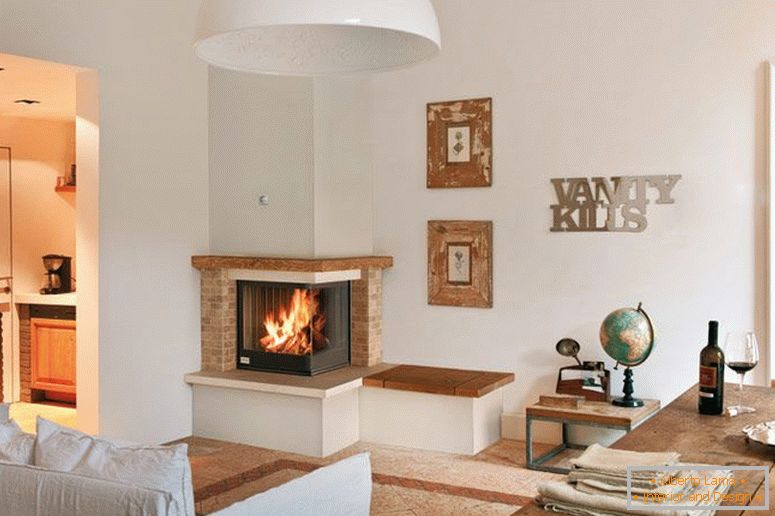 Interior with corner electric fireplace