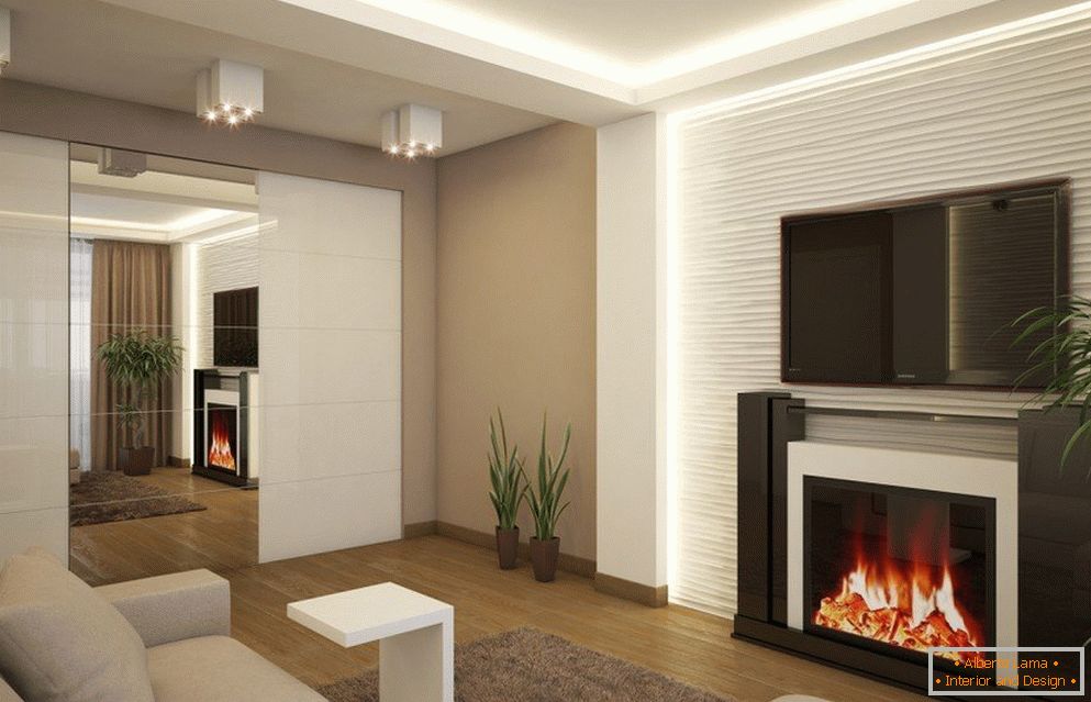 Interior of living room with electric fireplace
