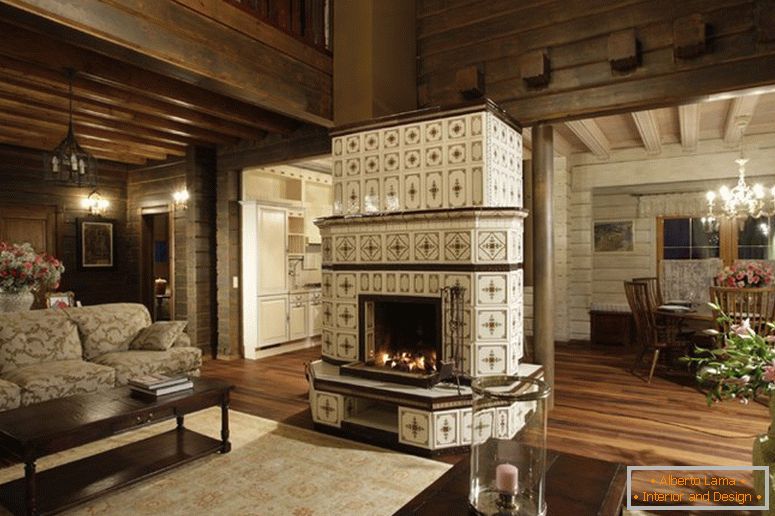 Living room with fireplace in tiled style